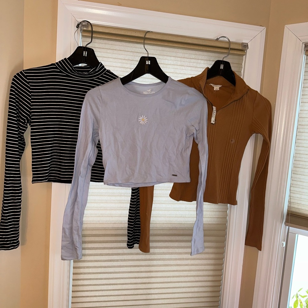 Hollister & Aeropostale Trendy Long Sleeve Tops Bundle - Striped, Blue, Brown
